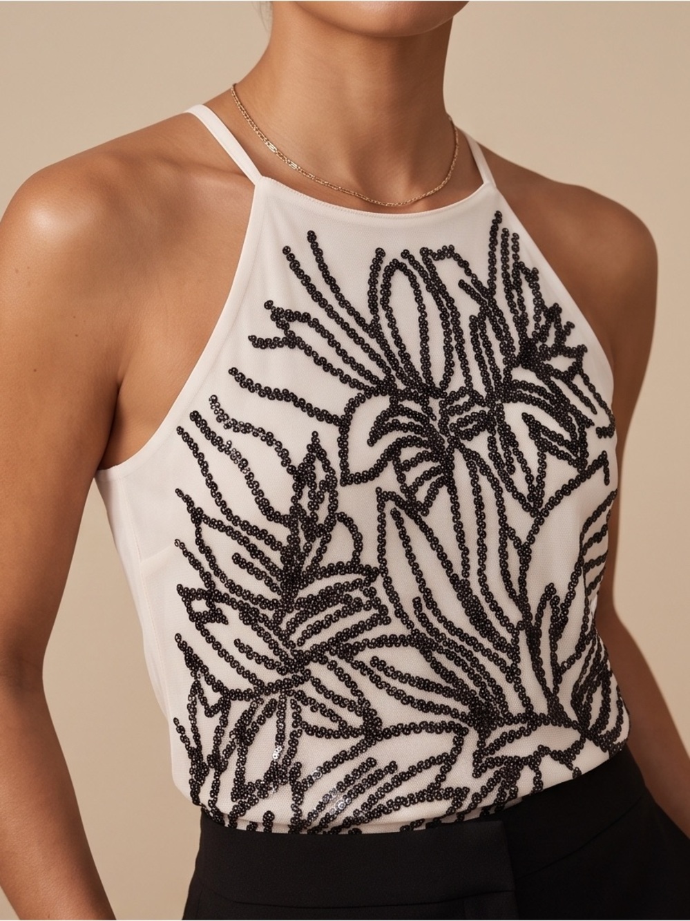 White House Black Market Sequined Floral Halter Top XS Ivory Black